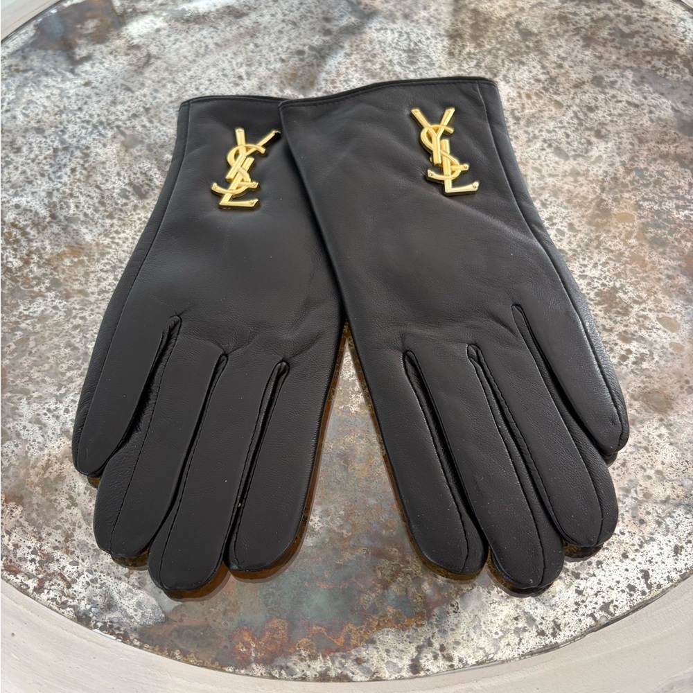 YSL Black Leather Gloves with Gold Logo